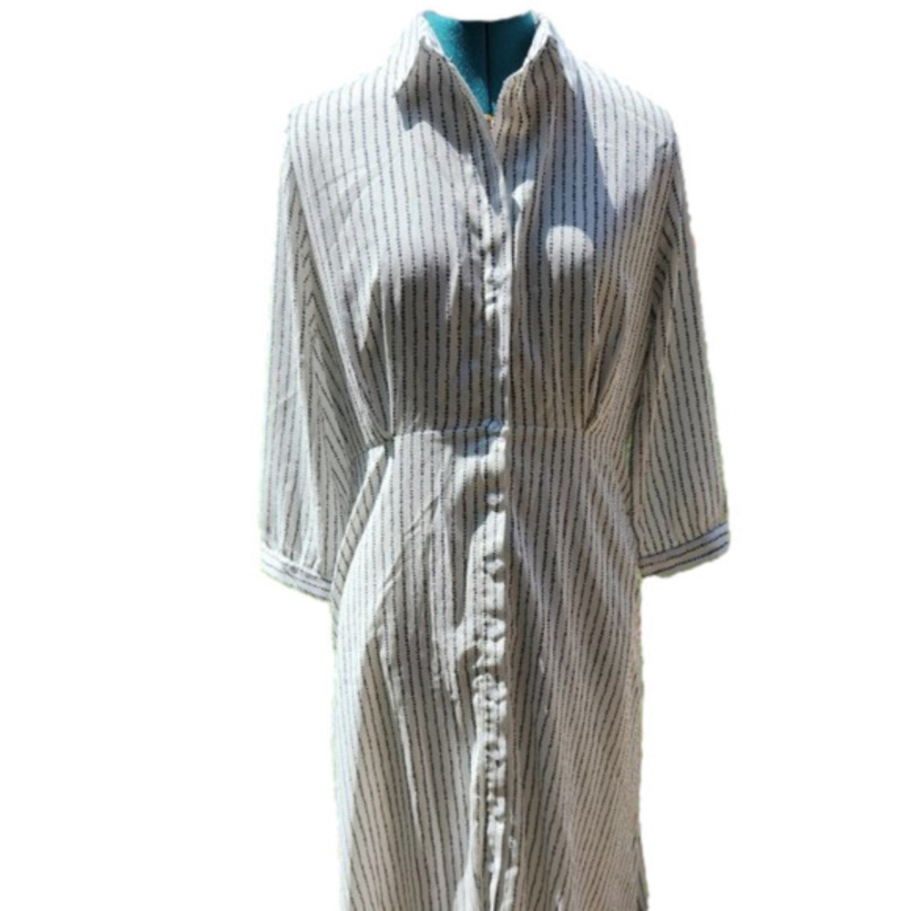 415. Orange Creek White with Navy Striping Shirt Dress 3/4 Sleeve |M